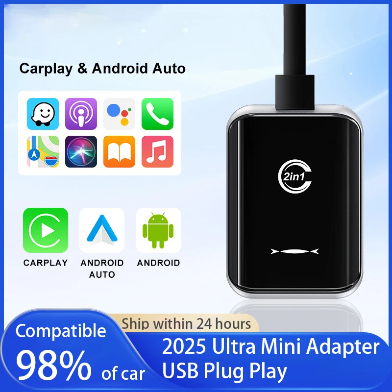Nowy adapter 2 w 1 Mini Wireless Carplay Android Auto, inteligentny moduł AI do połączeń samochodowych, kompatybilny z większością modeli pojazdów, do samochodów z systemem OEM.