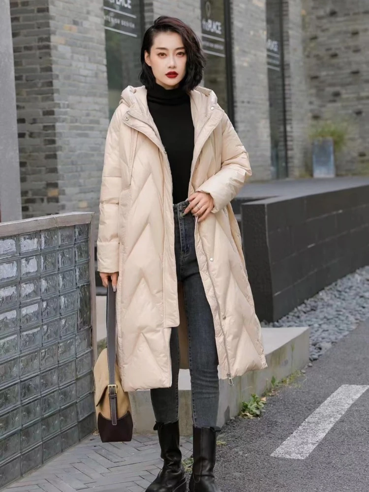 Long Hooded Jackets for Women, 90% White Duck Down, Thickened Coats, Loose Warm Outerwear, Large Size, Winter Fashion, New