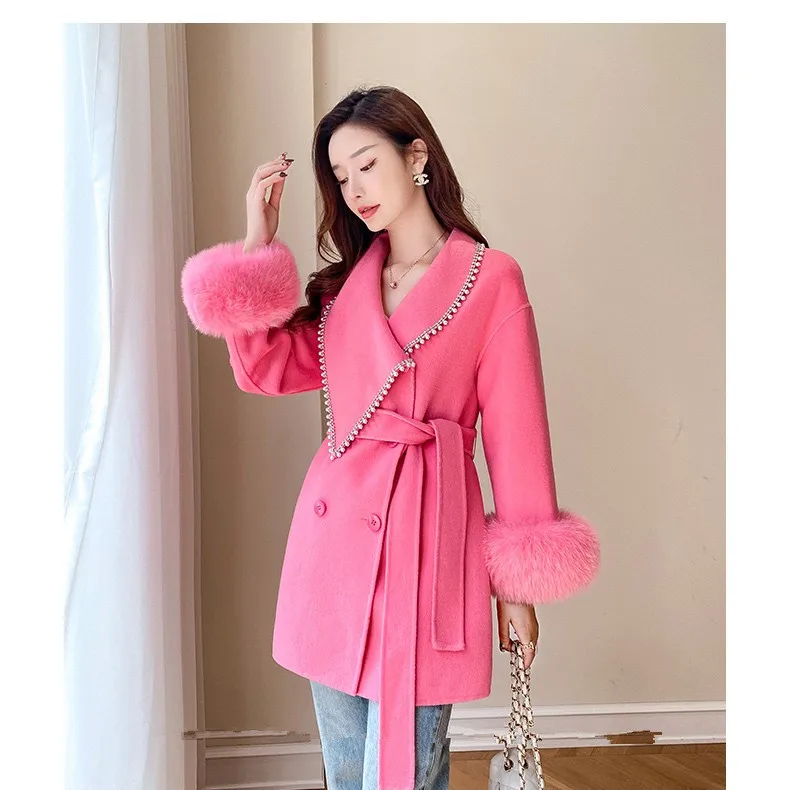 Office Lady Mid-Length Beaded Coat Autumn Winter New Fashion Faux Fox Fur Stitching Long-Sleeved Woolen Coats and Jackets Women