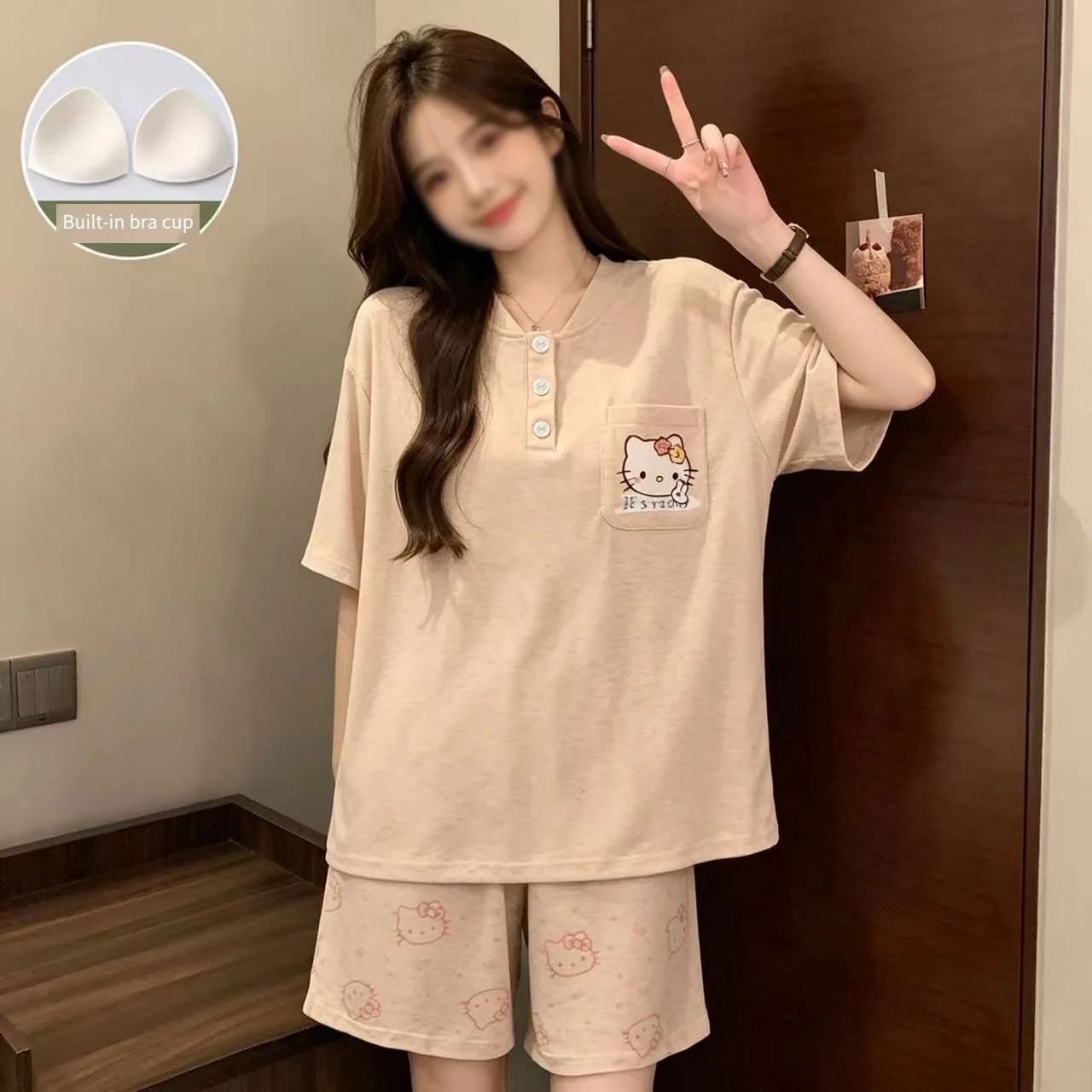 Sanrio Pyjamas Ensembles Hello Kitty Pajamas Short Sleeve Shorts Sleepwear Summer Pijama Kawaii Nightgown Women's Home Clothing