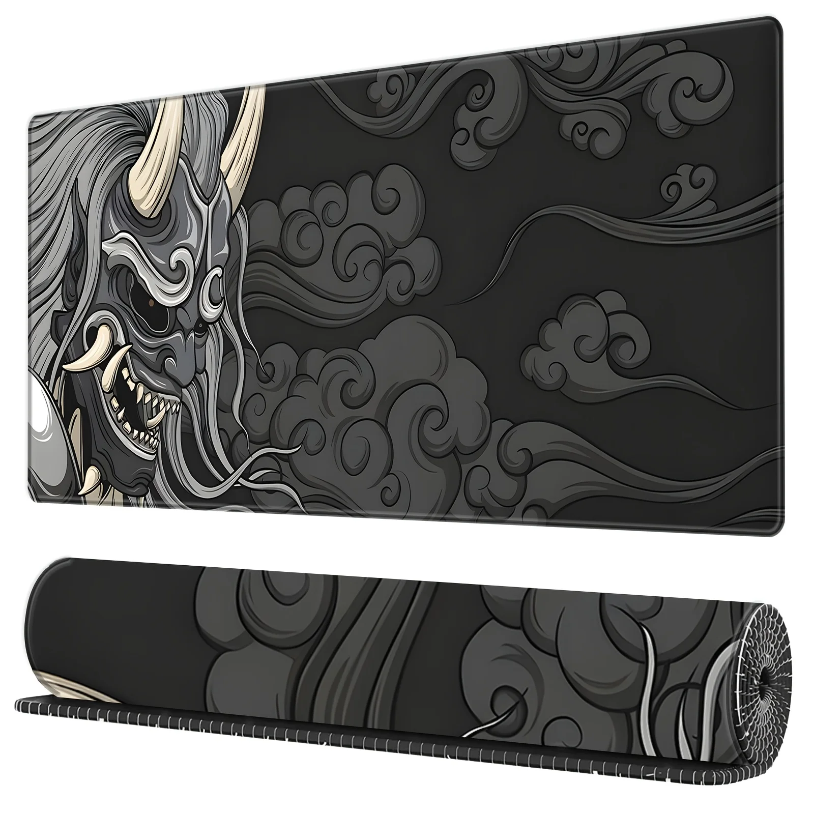 Large Gaming Mouse Pad - Artisan Desk Mat with Yokai Design, Washable Non-Slip Rubber Base, Black & Gray Japanese Monster Art