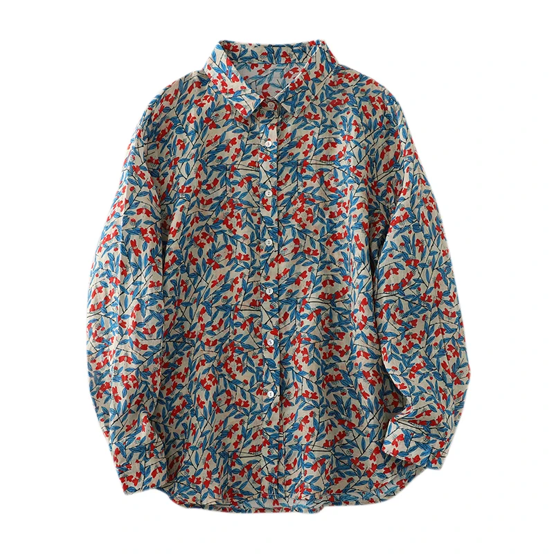 

Blue Le Floral Print Long Sve Women's irt Versatile Good Quali Autumn New Artistic Sle Cotton Blend Busin Casua...