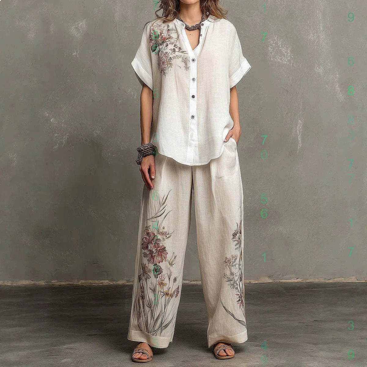 Retro Printed Cardigan Top Wide Leg Pants Loose Casual Matching Set Spring Summer