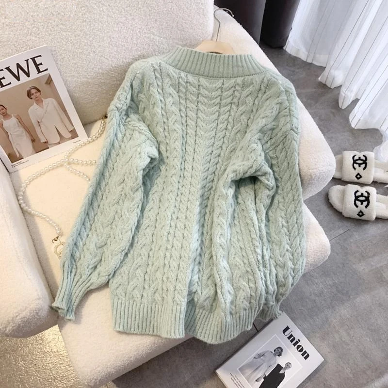 Autumn Winter Jumper Women Loose V-neck Bow Long Sleeve Sweater Pullover Womens Clothes Sweet Warm Pink Knitted Female Top 2024