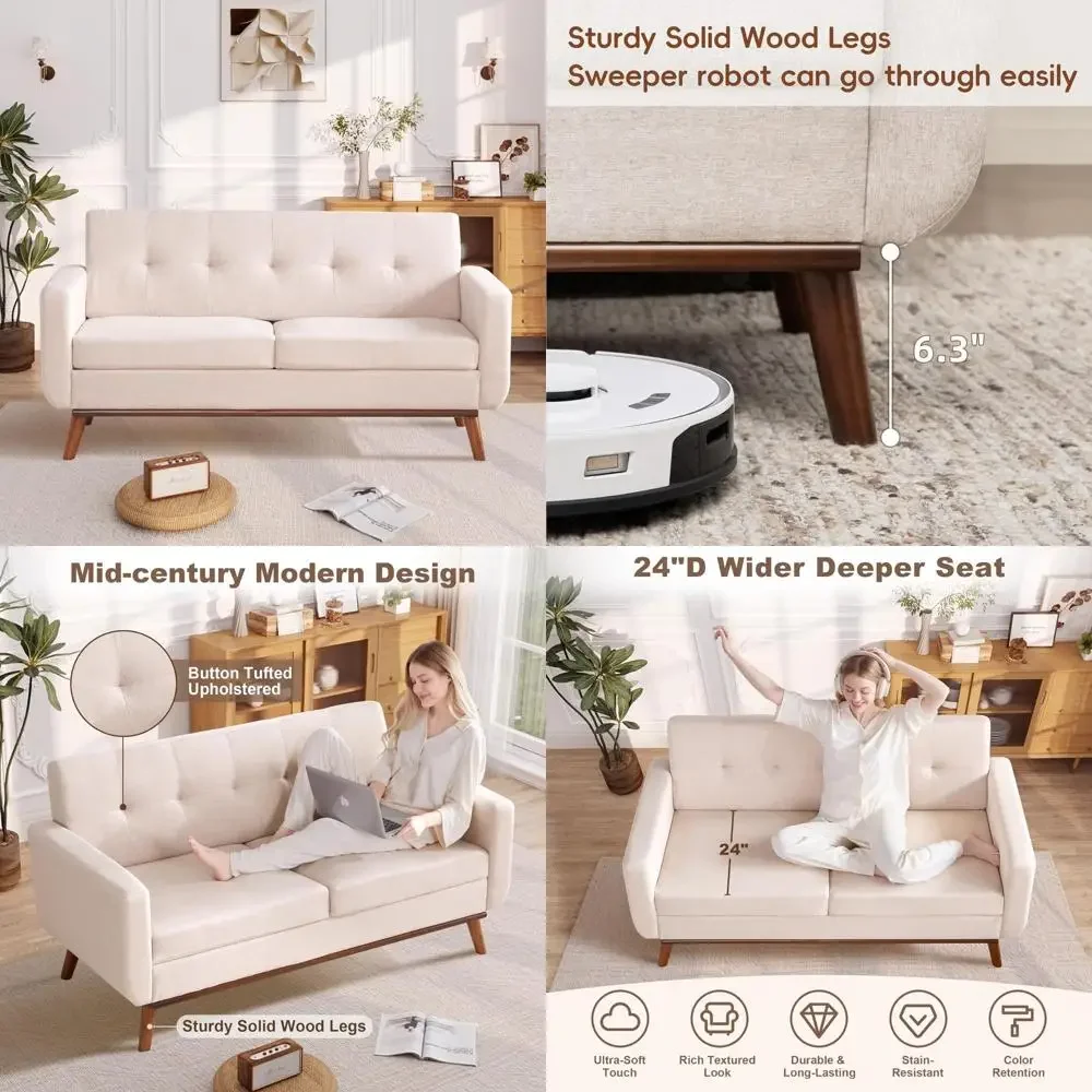 

65" w loveseat sofa, mid century modern decor love seat couches for living room, button tufted upholstered furniture, solid & e