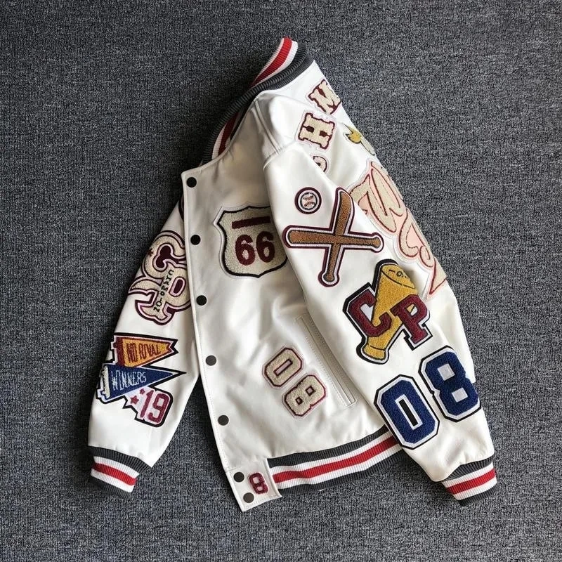 Men\'s spring and autumn baseball uniform Y2K retro trend leather jacket heavy industry embroidery white short coat ins hot sale