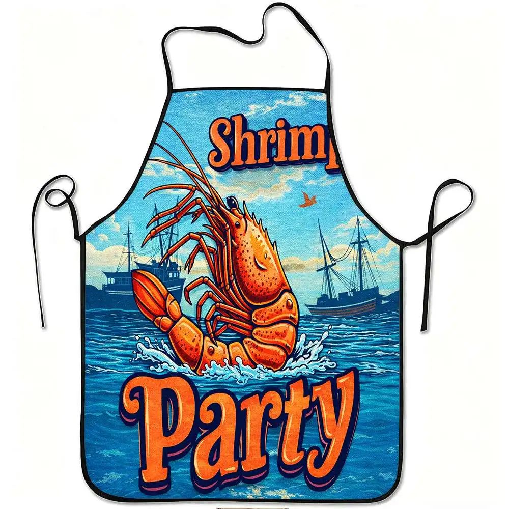 1pc Funny Shrimp & Seafood Print Apron with Shrimp - Adjustable Waistband, Durable Easy-Clean Polyester Bib Suitable for Kitchen