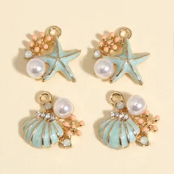 5pcs Gold Color 15x15mm Lovely Enamel Shell Starfish Pearl Flower Charms Sea Pendant Fit DIY Handmade Jewelry Making Supplies