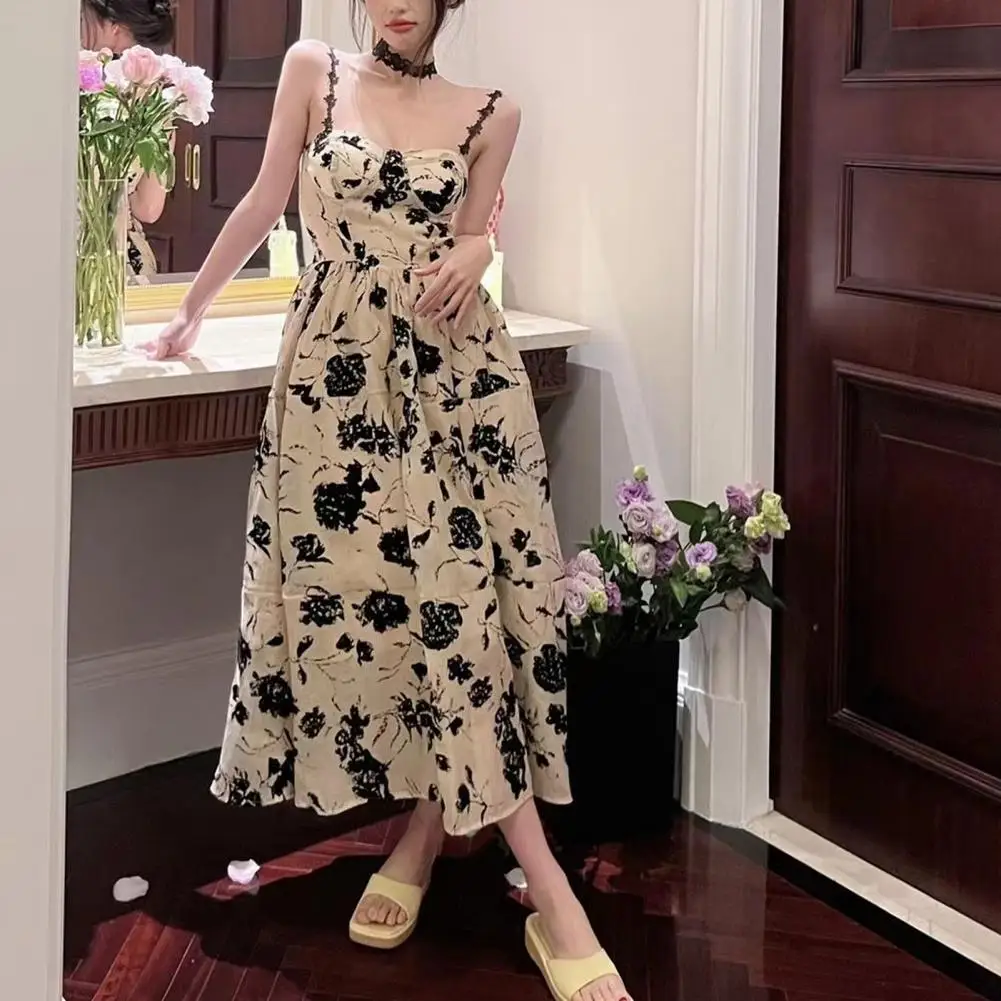 

Summer Floral Strap Midi Dress Women Sleeveless Elegant Vintage Dress Evening Party One Piece Dress Korean Fashion