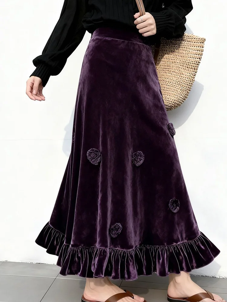 Elegant Slim Velvet Long Skirt Women 3D Floral Vintage High Waist Skirts Casual Fall Winter Lady Korean Sweet Purple Long Skirts