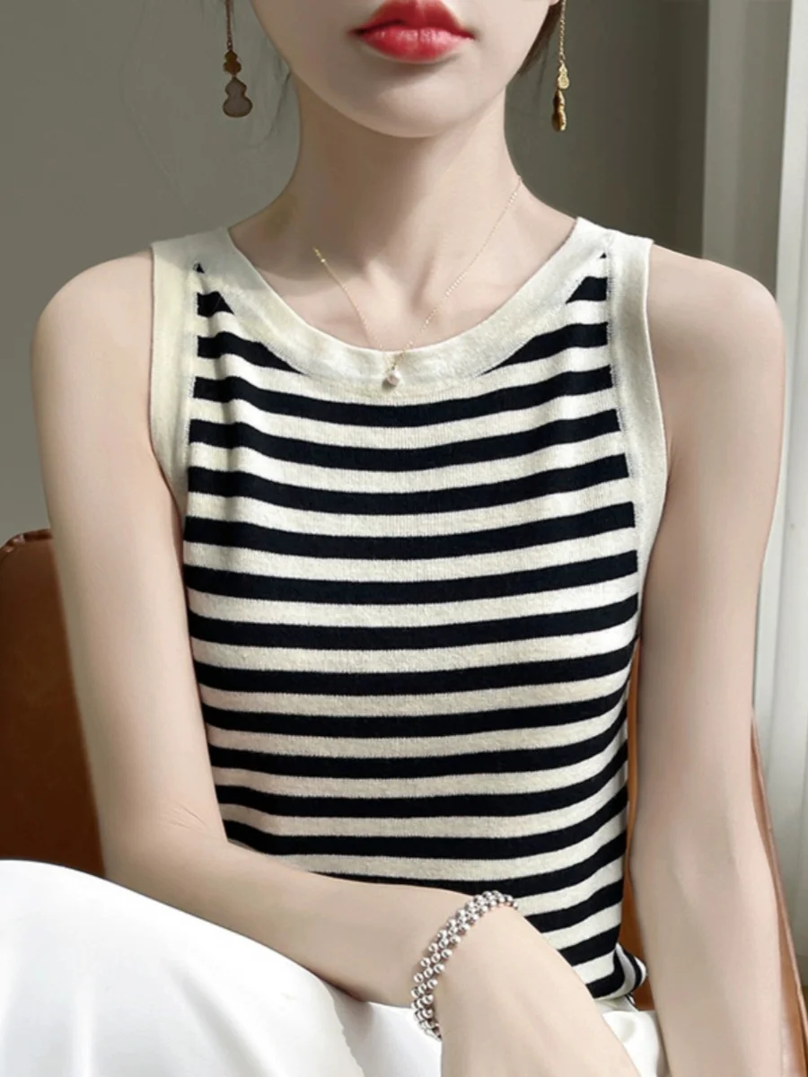 여성용 부드럽고 편안한 원숄더 라운드 넥 니트 탱크탑 초미세 방적 울 베이스 이르트 출퇴근용 순색