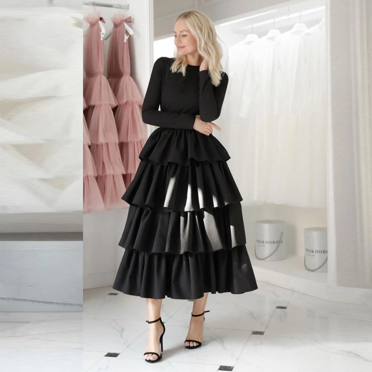 

Elegant Muilt Layers Satin Midi Skirt for Women Tea Length Tiered Black Ladies Formal Skirt Custom Made Ruffled Female Skirts