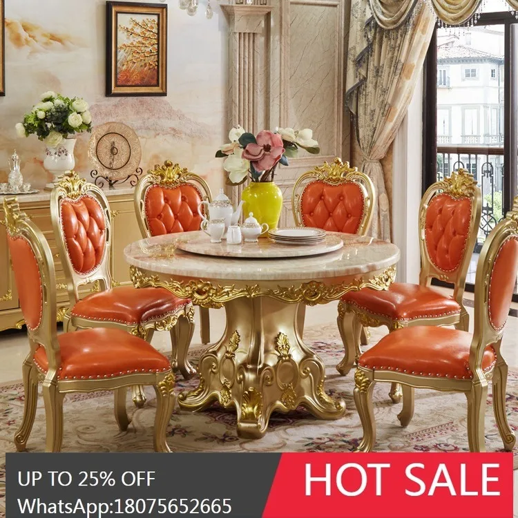 

SGF European Style Marble Dining Table and Chair Set Luxury Carved Round Table with Turntable