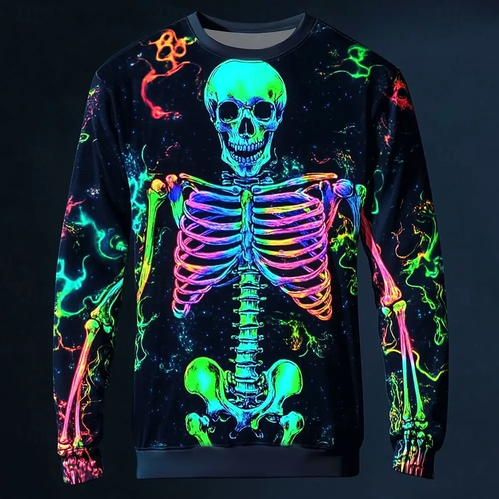 Men Crewneck Sweatshirt Neon Full Skeleton 3D Print Colorful Galaxy Smoke Gothic Halloween Casual Pullover