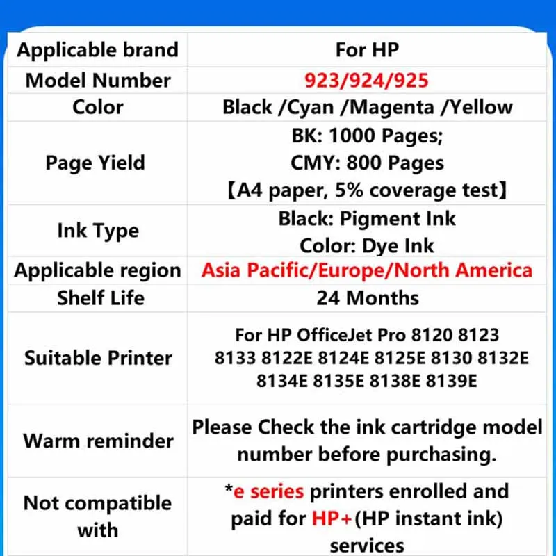

For HP 924 923 925 ink Cartridges Compatible for HP OfficeJet Pro 8135e 8134e 8132e 8122e 8124e 8125e 8120e 8130e Printer