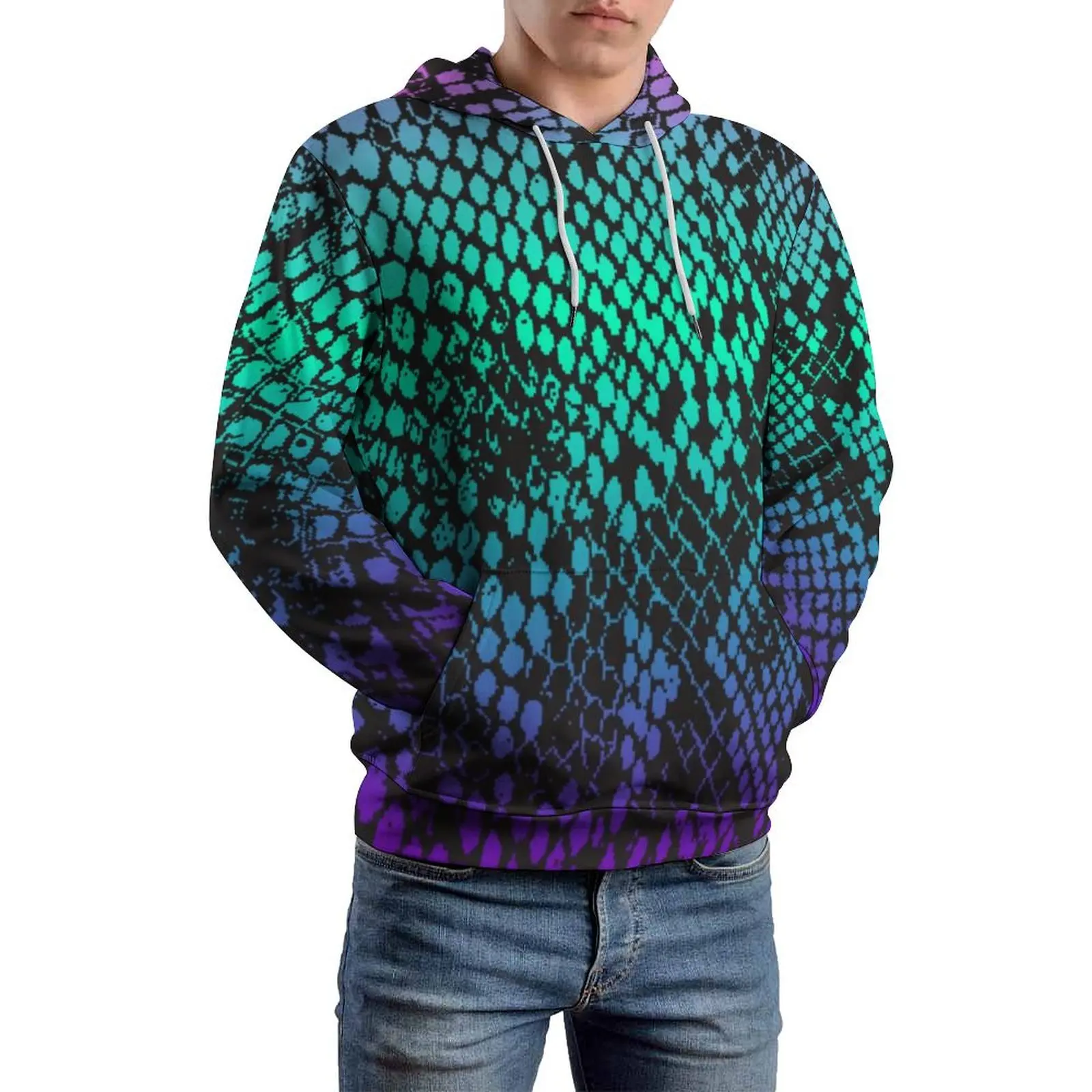 

Multi-Color Fade Snakeskin Casual Hoodies Colorful Skin Print Loose Pullover Hoodie Man Long Sleeve Modern Pattern Top 5XL 6XL