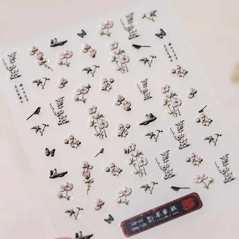 Vintage Chinese Style Water Ink Flowers Magpie Bird Butterfly Chic 3D Self Adhesive Nail Art Sticker High Quality Manicure Decal