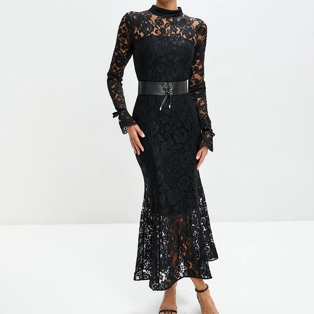 

Вечерние платья трапециевидной формы по индивидуальному заказу, платье для выпускного вечера с высоким воротником и длинными рукавами, простое модное драпированное вечернее платье с кружевными поясами