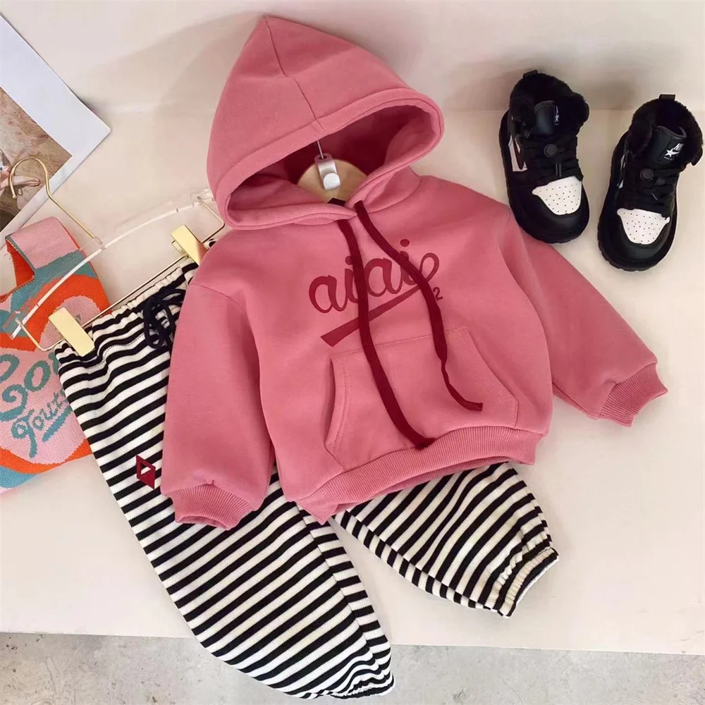 

Girls Princess 2pcs Clothes Set Baby Kids Children Letters Thickening Hooded Fleece Woollen Sweater+Pants Suit Winter