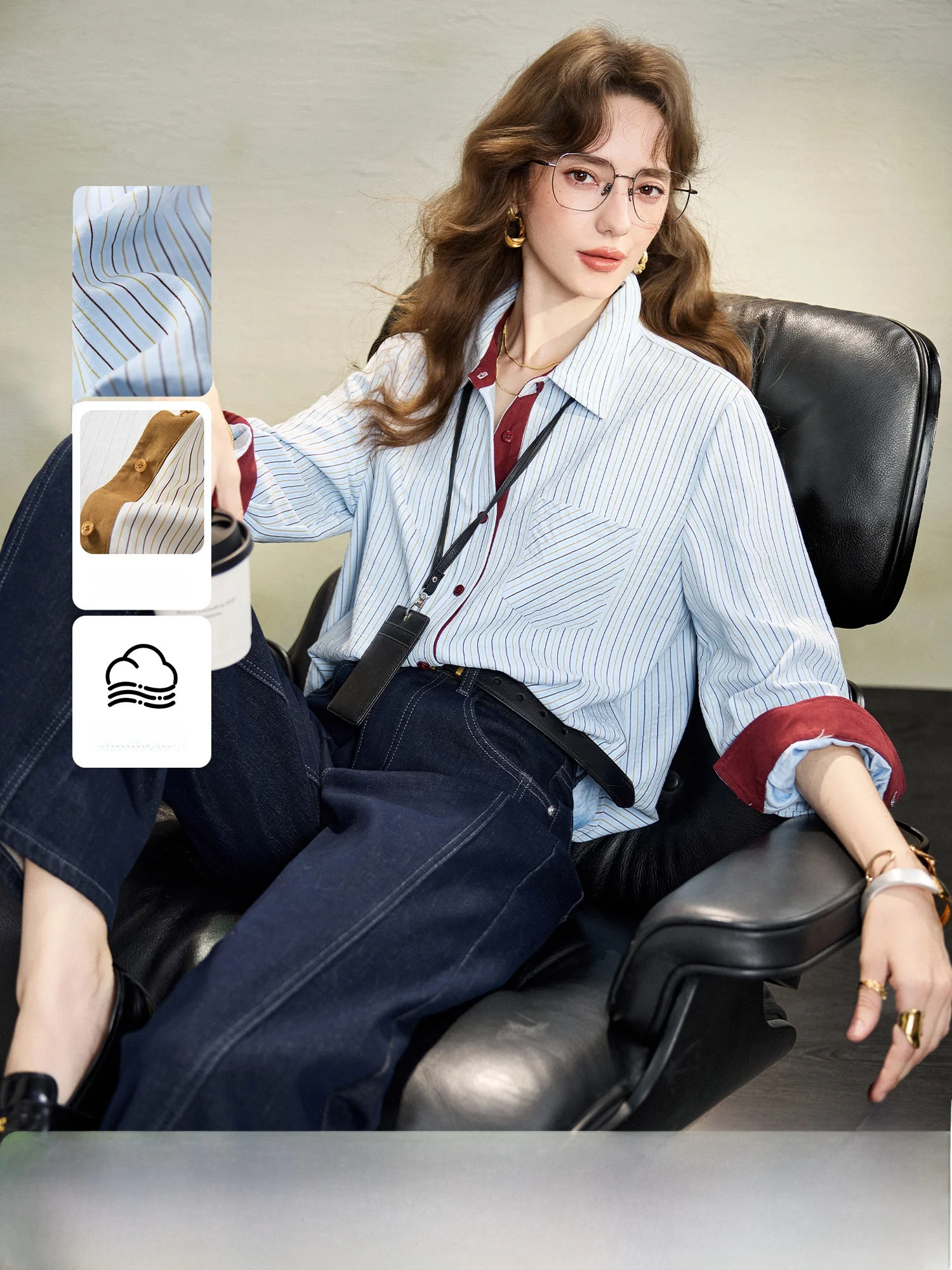 

Striped Long Sve irt Women's Faion Collar Color Blo Spring 2026 Sle Casual Polyester Fiber ex Commute Wear