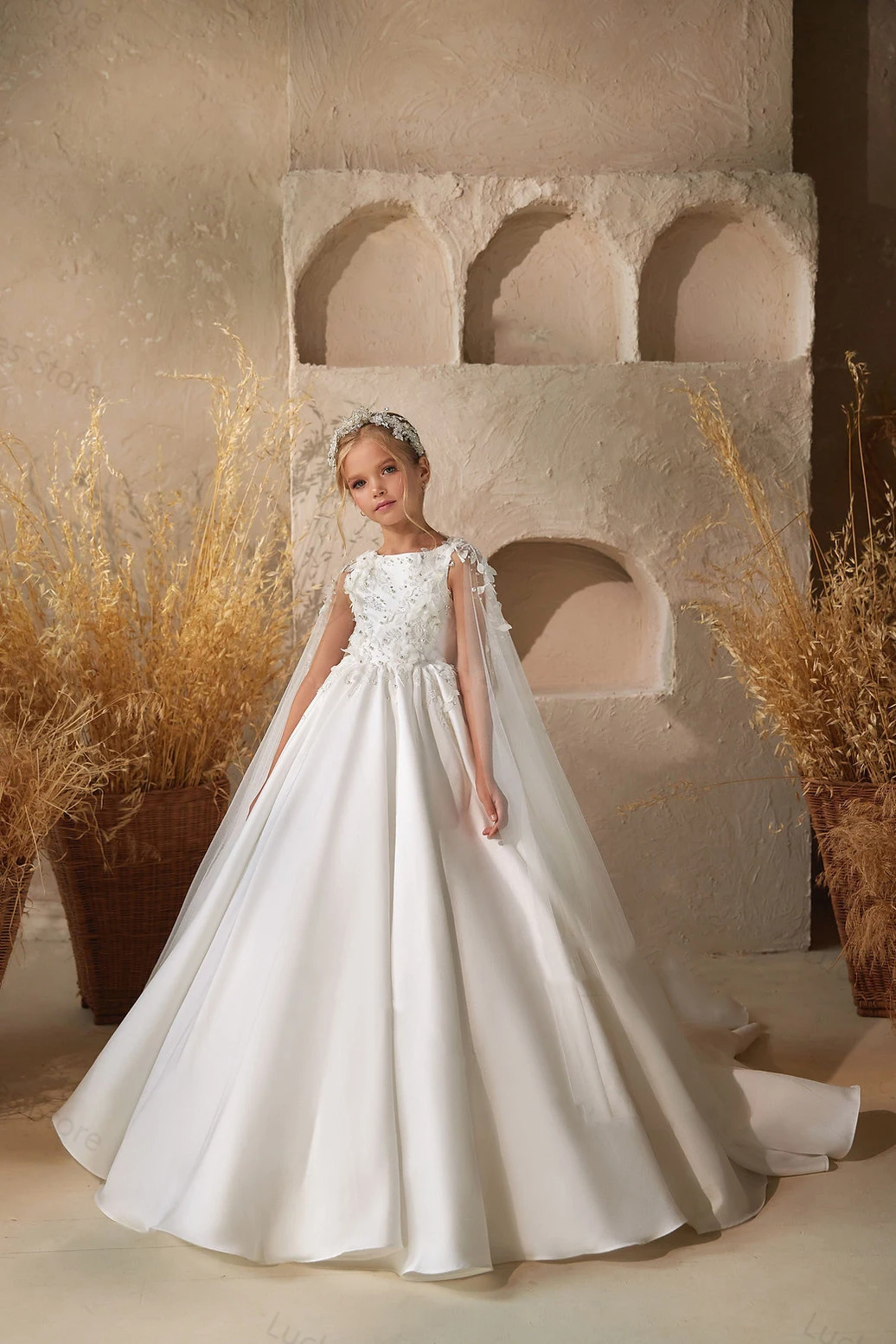 Vestido de encaje de flores hinchadas para niña, vestido de satén blanco brillante hasta el suelo, vestidos de baile de primera comunión para cumpleaños de niños