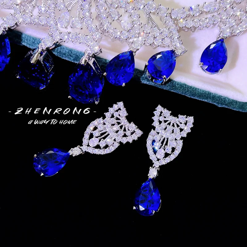 Newly Designed Full-Cut Drop Royal Blue Necklace Bridal Set