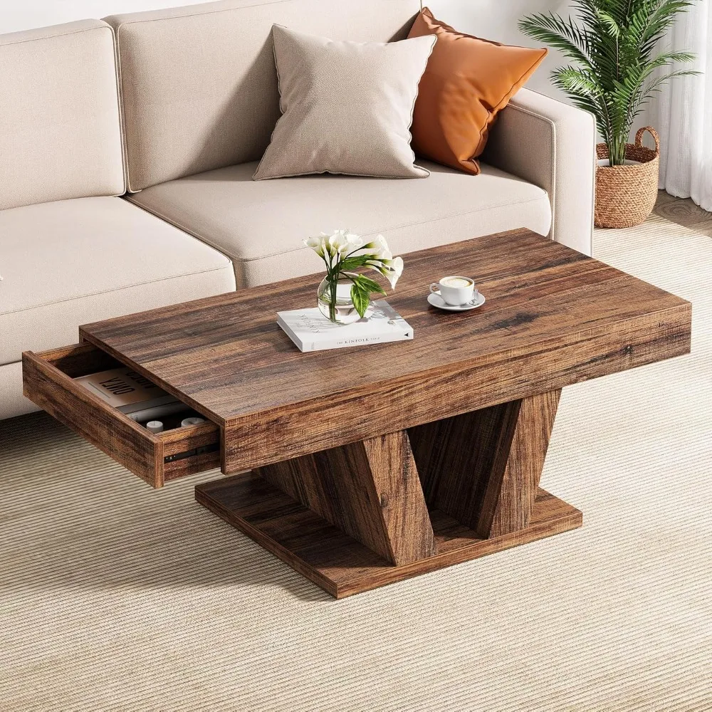

Farmhouse Coffee Table with 2 Side Drawers, 43 inch Wood Center Tea Table with Hidden Storage, Rectangle Cocktail Table for Livi