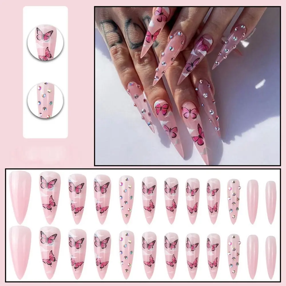24pcs/Box Artificial Full Cover Nail Tips Almond Fake Nails Wearable  Stiletto False Nails