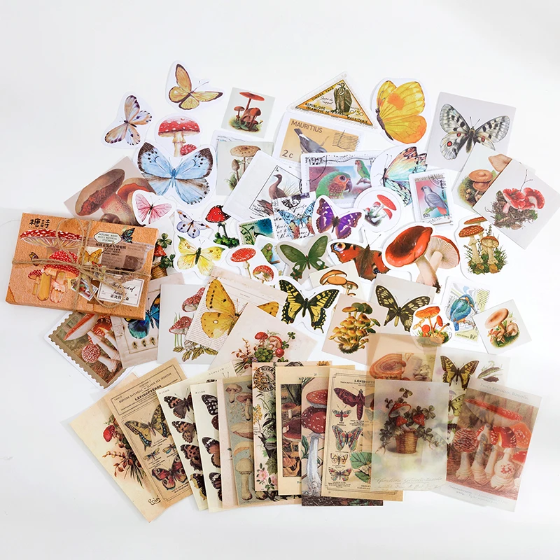 Yoofun 60 Stück/Packung Multi-Material-Aufkleberpaket, Vintage-Pilz, Pflanzen, Schmetterlinge, Aufkleber für Tagebuch, Scrapbooking, Basteln