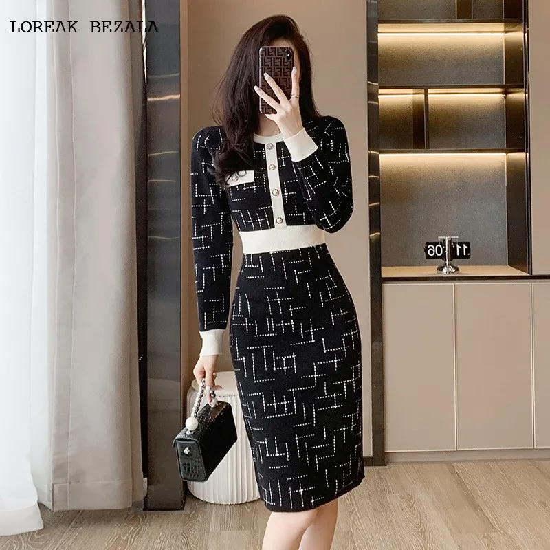 

Black Women's knitted dress Elastic fragrance leisure Spring/ Autumn dress socialite leisure One-piece dress