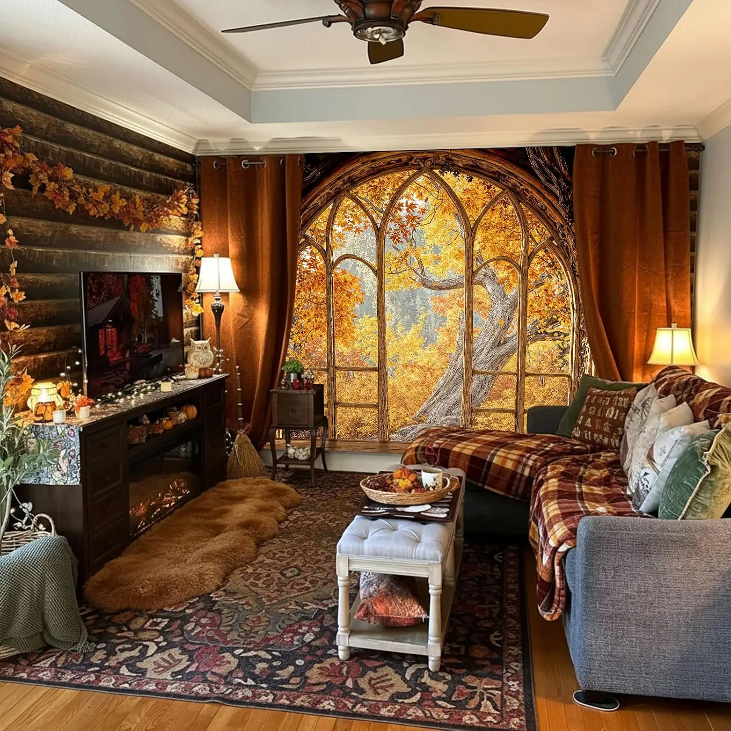Large Autumn Forest Tapestry Window Mural Realistic Woodland View Wall Hanging Decorative Fall Home Decor
