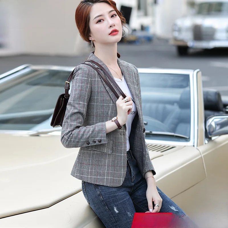 

Women's Plaid Suit Jacket Casual Style Spring Autumn New Arrival Short Size Small High-End Feeling Street Style Polyester