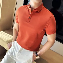 2024 Summer New Solid Color Polo Shirt Men Cotton Simple Short Sleeve Stretch T-shirt Formal Business Casual Lapel Polos Homme