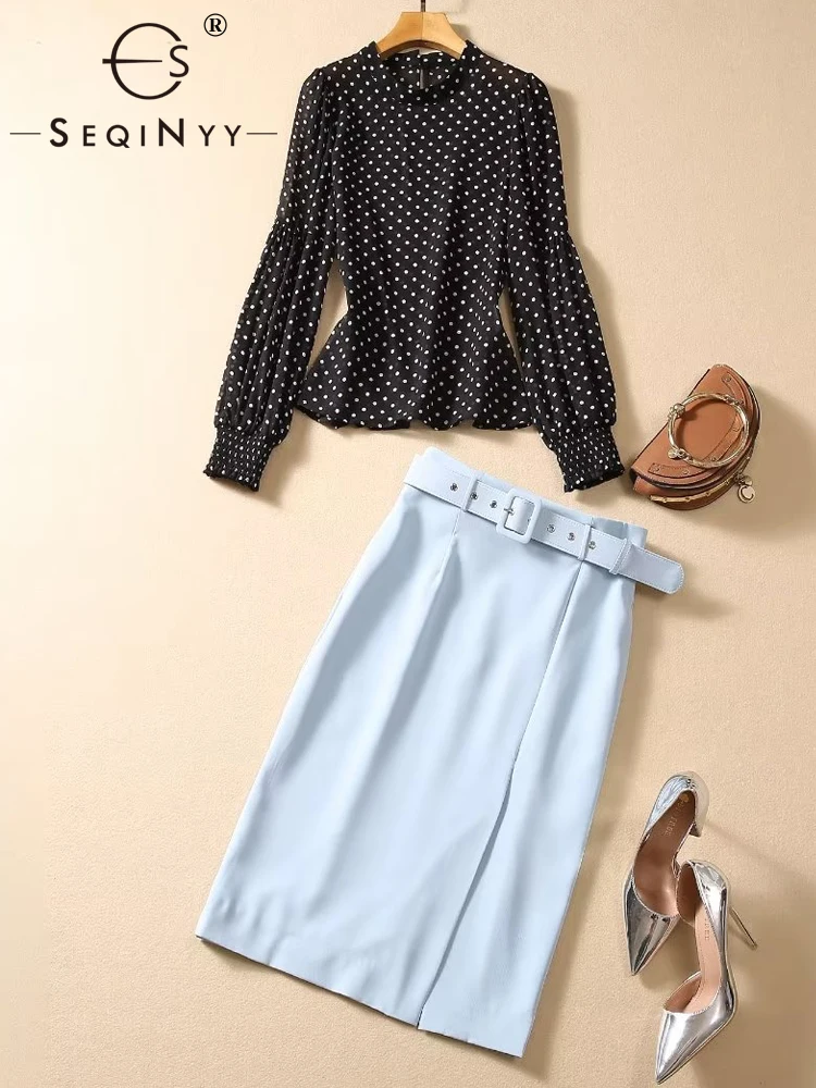 

SEQINYY Casual Suit Summer Spring New Fashion Design Women Runway Vintage Dot Black Blouse + Blue Knee Skirt Office Lady