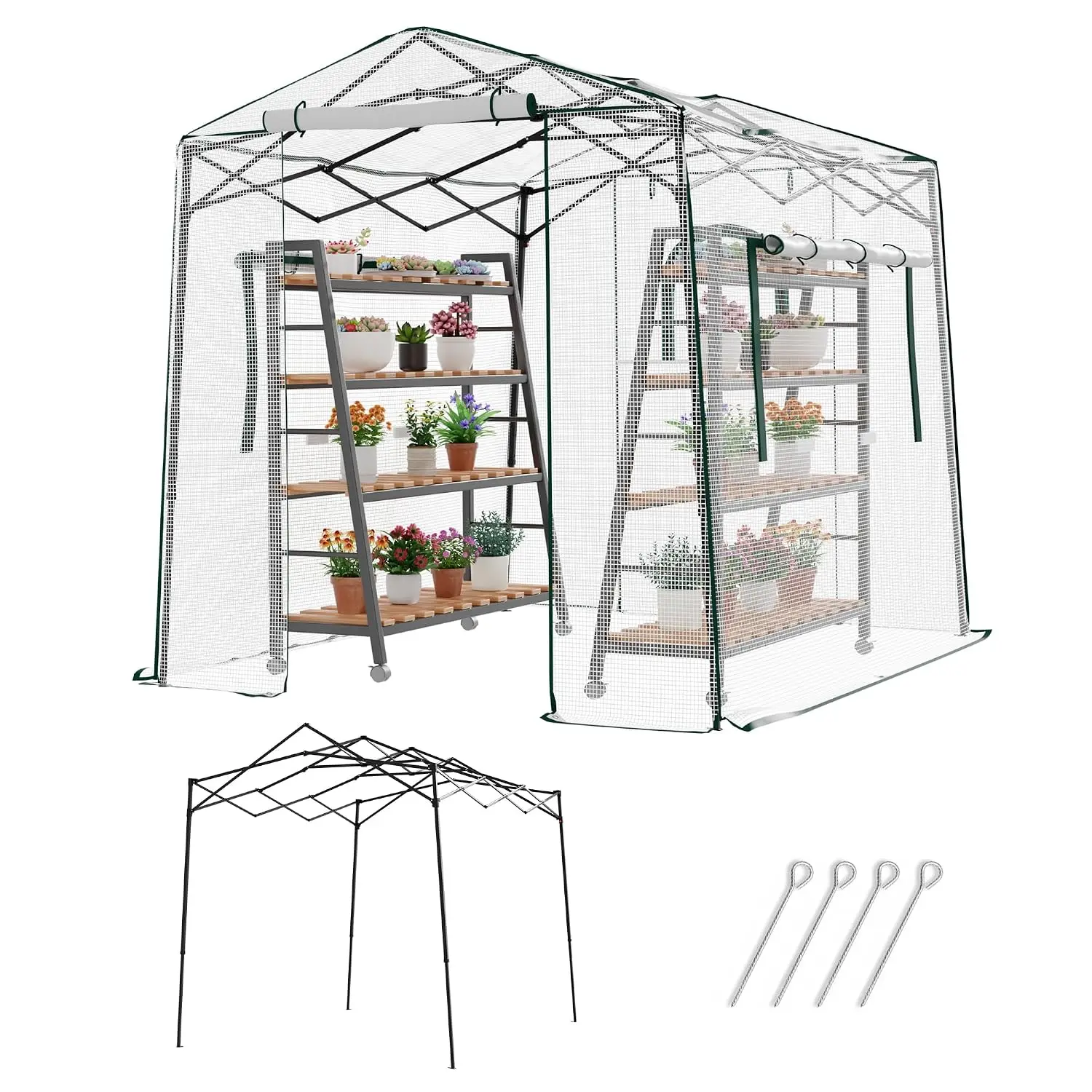 Walk-in Greenhouse with Zipper Windows & Doors, PE Cover & Steel Frame, for Garden & Backyard, 8.7x6.6x7 ft, Customized