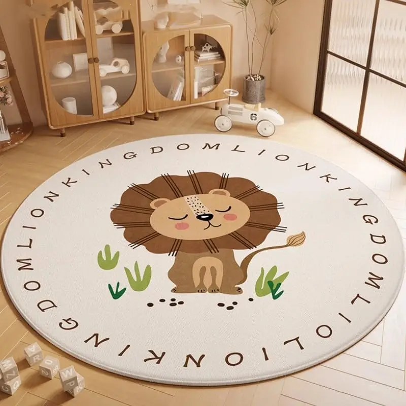 Lion King Themed Round Rug Cartoon Lion with Text Border for Children Room