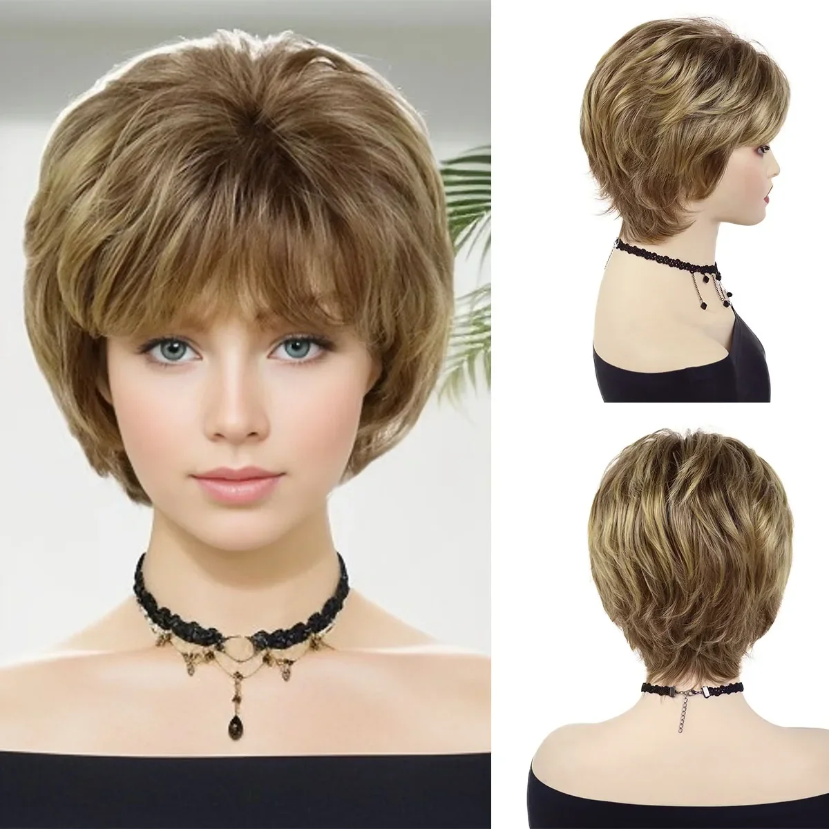 

GNIMEGIL Synthetic Blonde Hair Short Curly Wig Natural Wave Hairstyle Lady Pixie Wig with Bangs Heat Resistant Daily Womens Wig