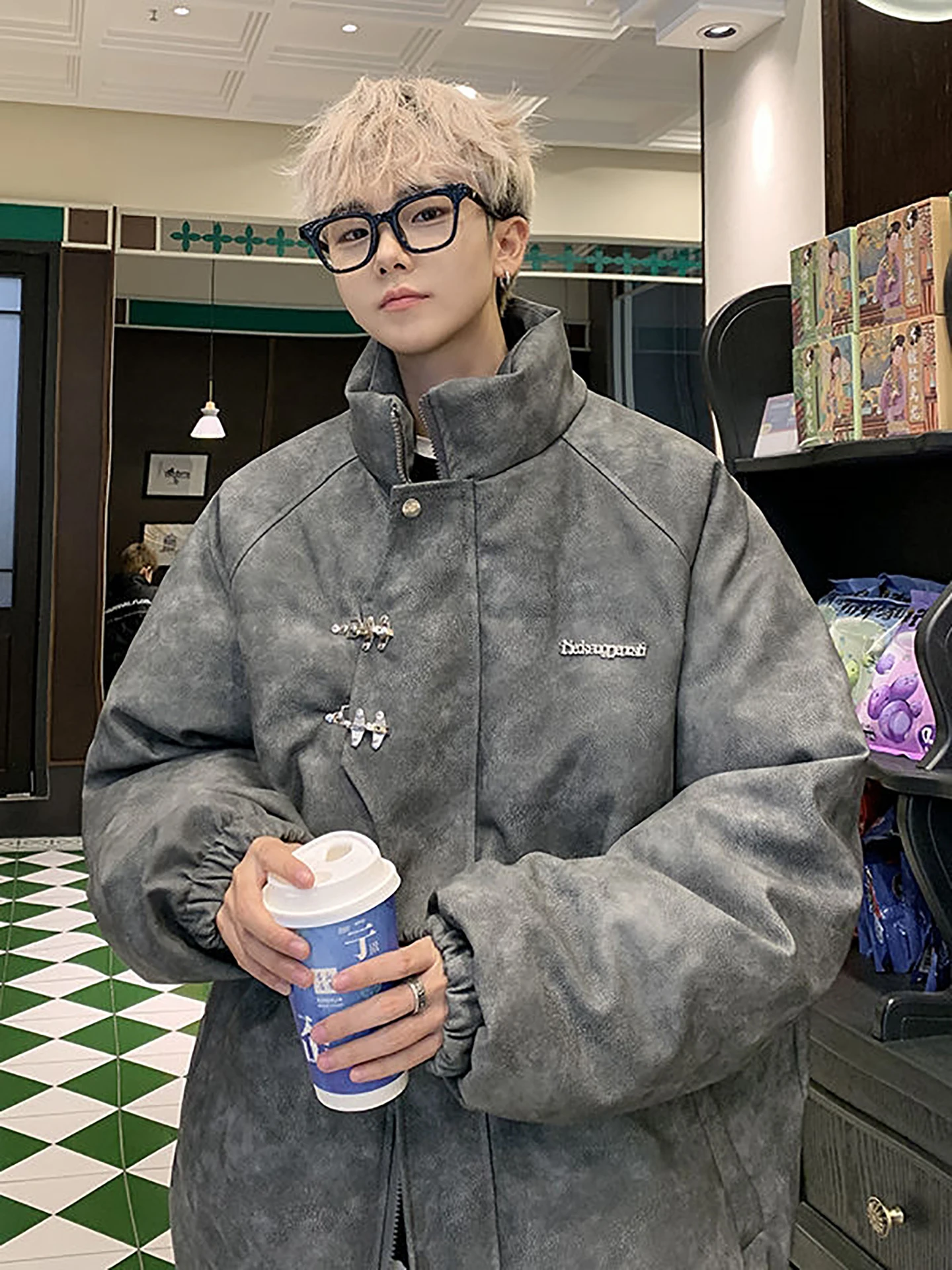 

Thiened PU Leather down Jaet Metal Bule American Sle Tee-Proof Loose Bread Sle Coat for Men Youth And Teens