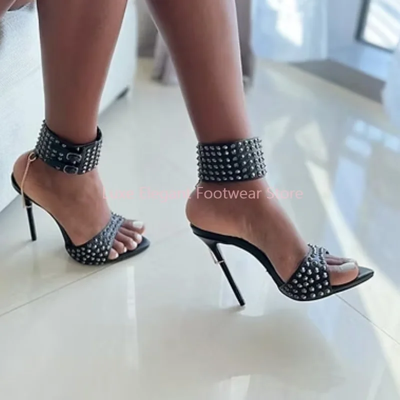Black Patent Leather Rivet Metal Chain Thin High Heels Women Metal Chain Open Toe Pointed Sandals Sexy Party Slingback Sandals 2