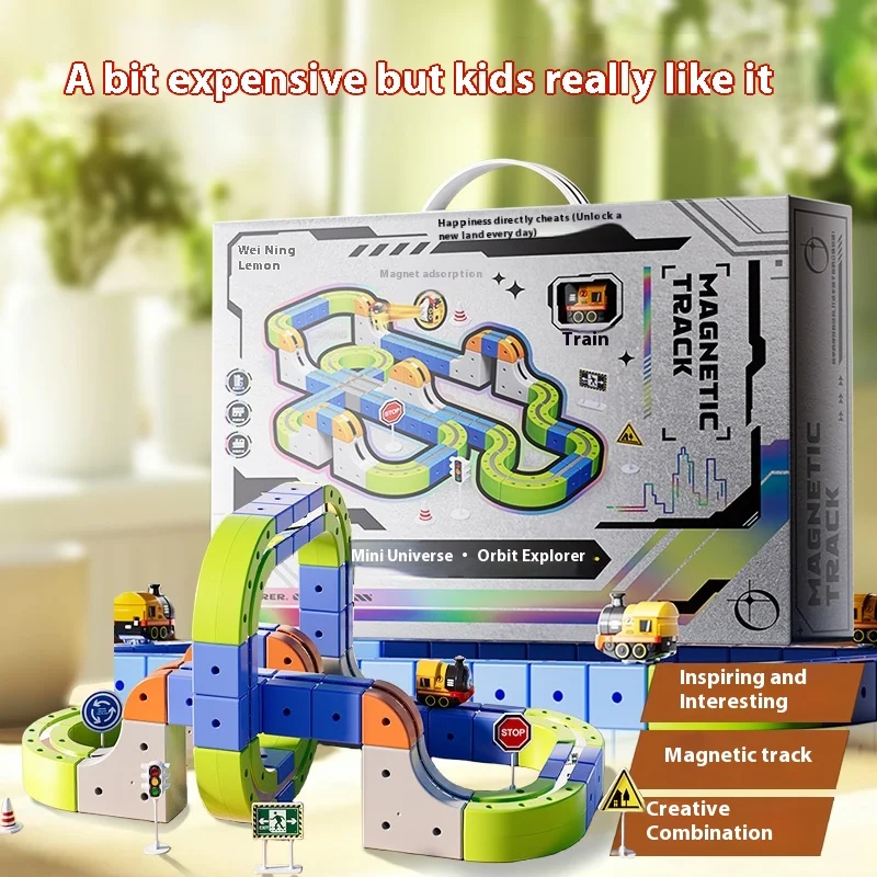 Neues 2025, magnetisches Auto-Vorbau-Rennset, Montessori, motorisierter Zug, Schwerkraft-Labyrinth-Spielzeug für Kinder, Weihnachtsgeschenk, Geländer, Spielfahrzeug