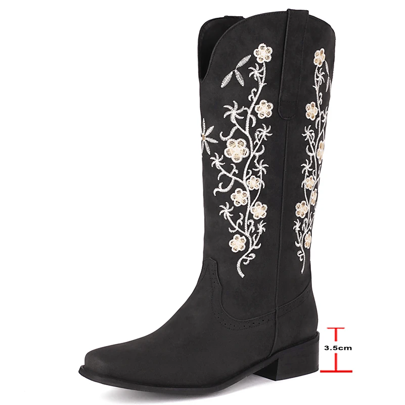 FOREADA-Botas de media caña con bordado de flores para mujer, zapatos de vaquero con punta cuadrada y tacón medio grueso, talla 46, Invierno