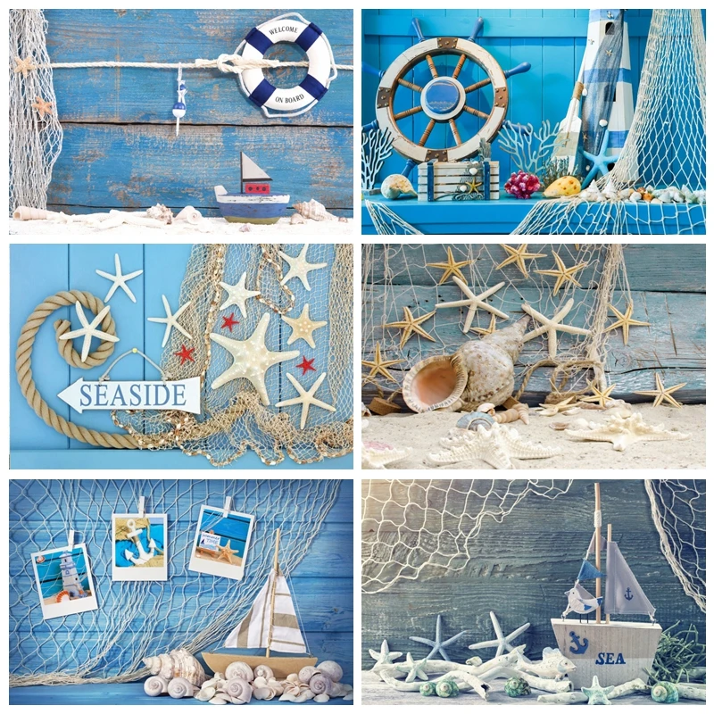 Nautical Rudder Starfish 1st Birthday Backdrop Wooden Board Boat Sea Beach Theme Baby Photography Background for Photo Studio