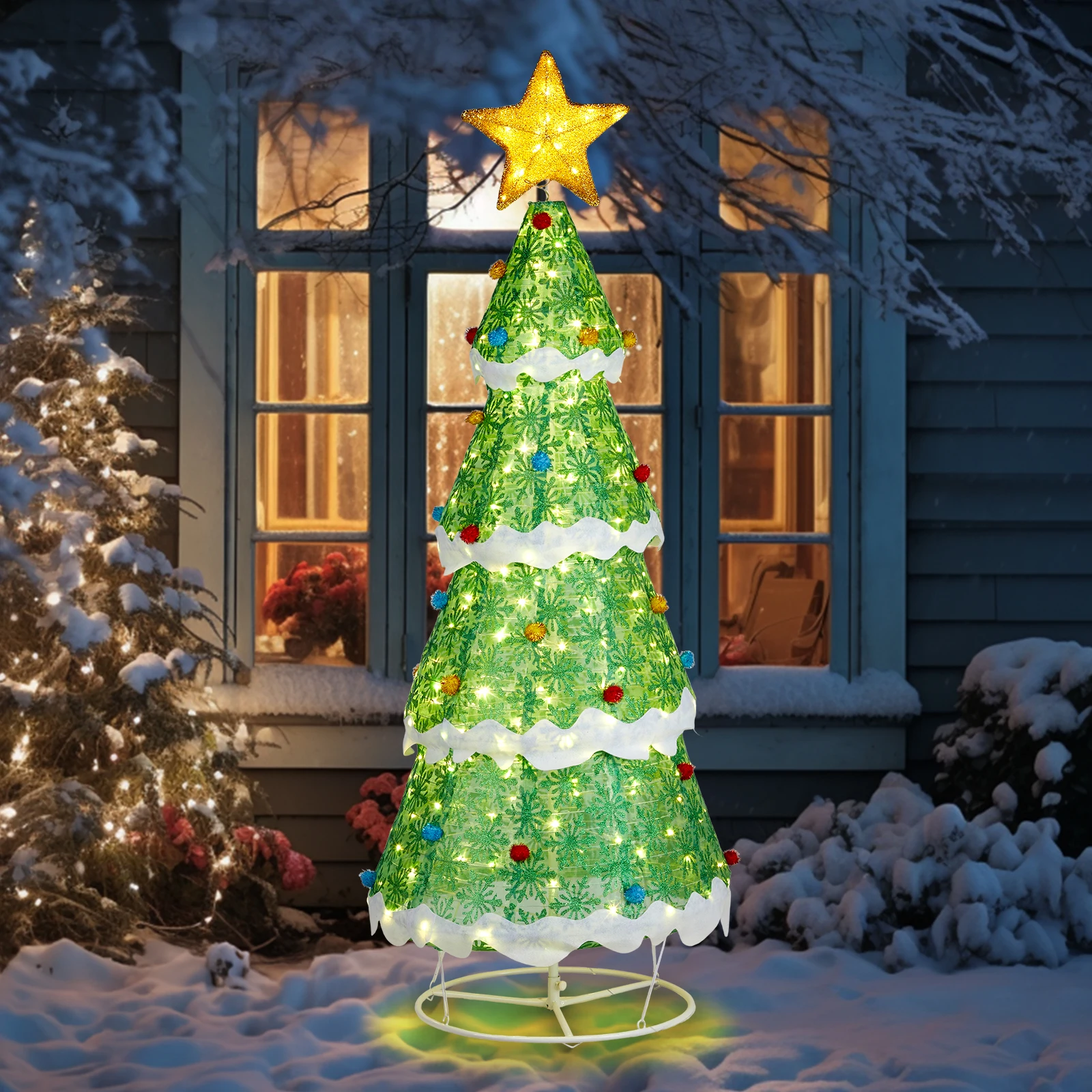 6FT Lighted Christmas Tree Yard Decorations, Pre-lit Pull Up Christmas Tree with 200 LED Warm White Lights and Ropes Stakes