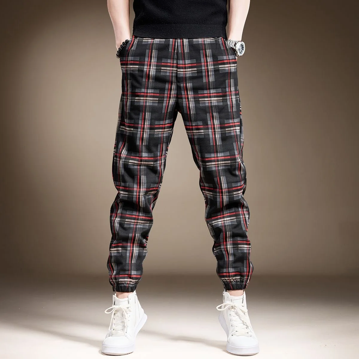 Autumn and Spring New Fashion Trend American Vintage Plaid Sweatpants Men's Casual Loose Sports High Quality Plus Size Pants