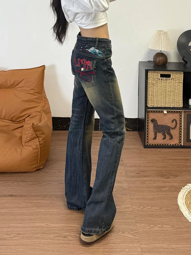 

American Fashion High Street Large Size Embroidered Women Low Waist Jeans Y2K Millennium Harajuku Slim Jeans