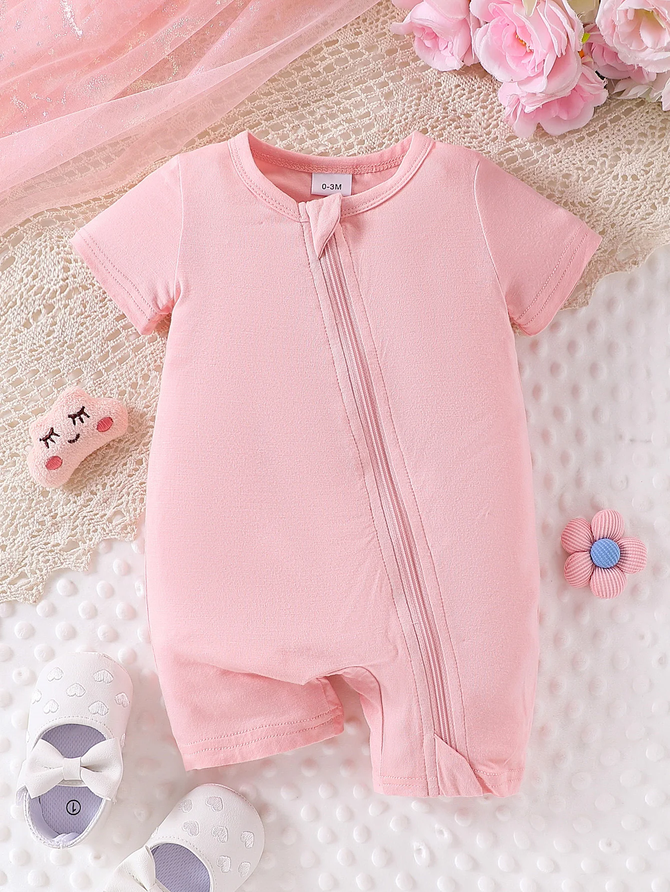 2026 Spring Summer Ultra-Soft Baby Girl Pink Lace Trim Short Sleeve Zipper Baby Bodysuits and One-Pieces0-3Years: Gentle on Skin