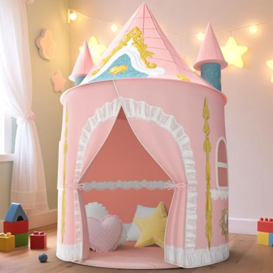 

Indoor/outdoor kids play tent for ages 3-8, polyester fabric, pink and white, waterproof and easy-setup design