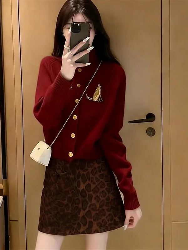 

Korean Style Gentle Sweater Set Women Spring Small Size Atmosphere Sensation Knitted Top Leopard Print Short Skirt Two Piece Set