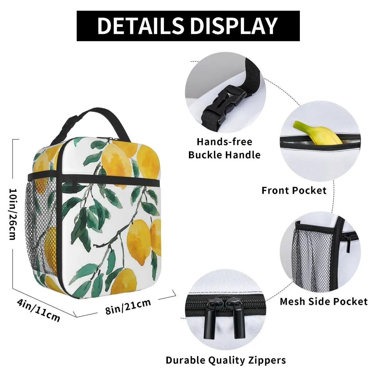 Hand Painted Yellow Lemon Watercol Insulated Lunch Bag for Kids School Cooler Thermal Food Box Tote Lunch Boxes Container