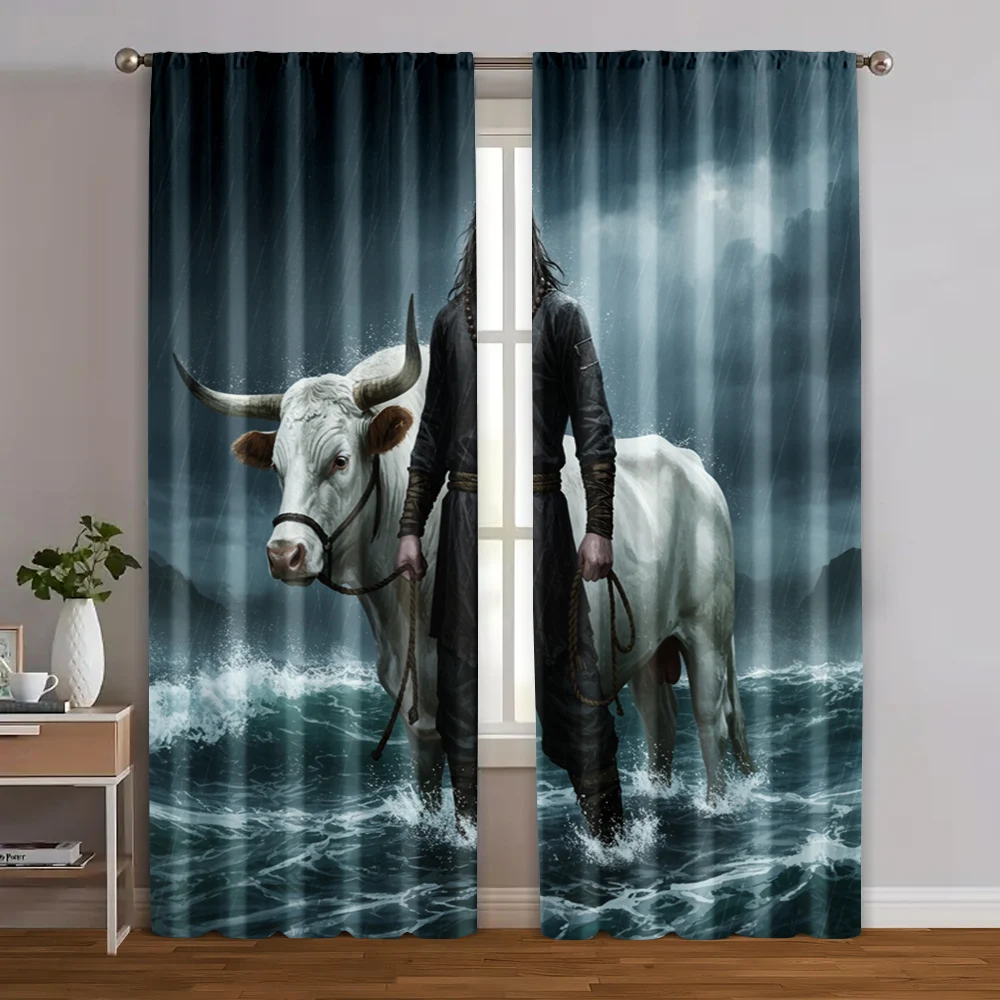 

2pc, Party Window Curtains Shepherd and Cow Fabric,Without Electricity Family Party Decoration Perfect for College dormitory